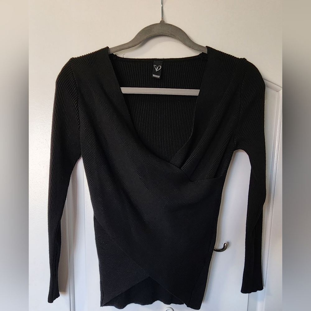 Black Ribbed Wrap-Front Long Sleeve Sweater Sz S